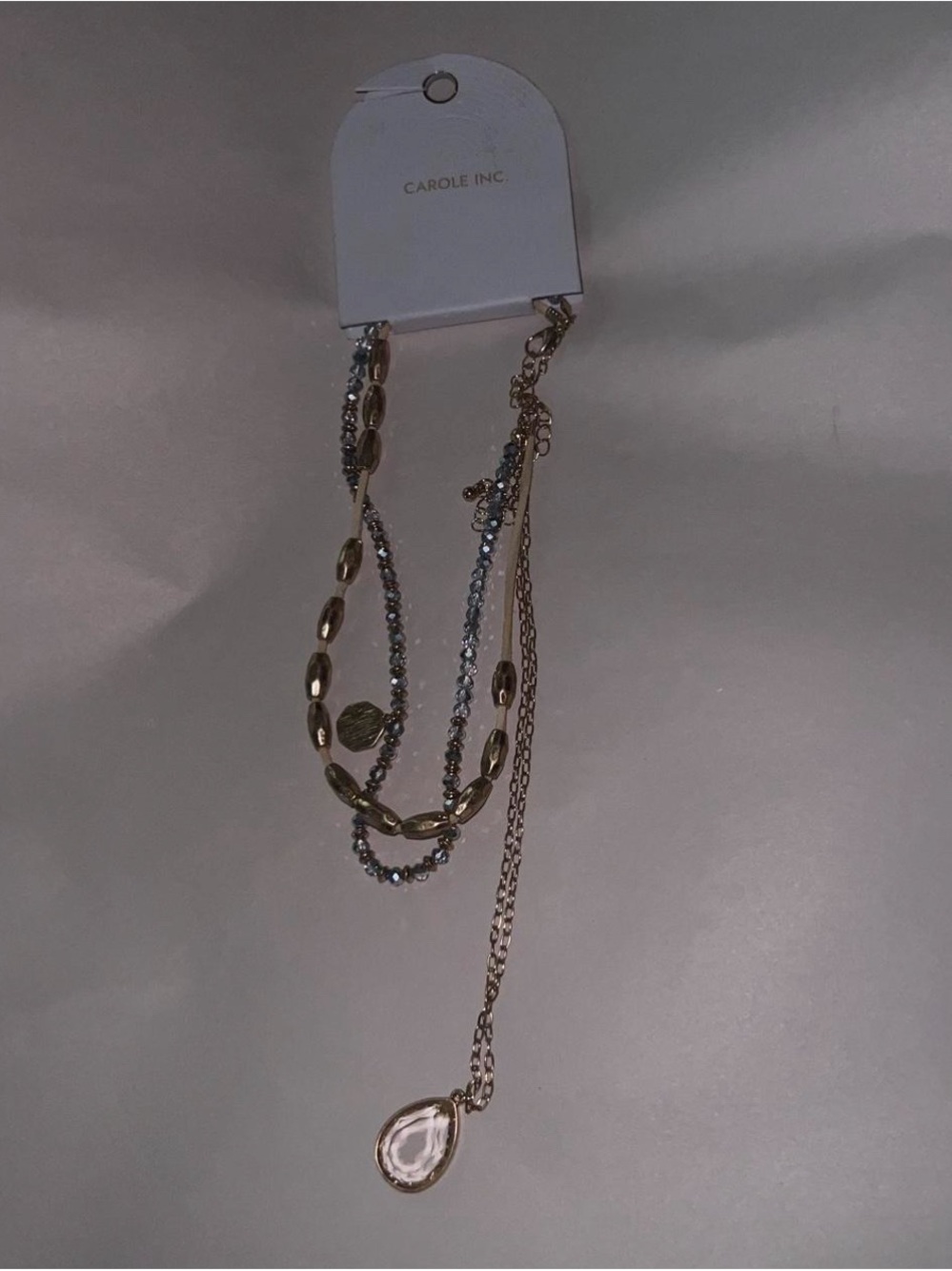 Carole Inc. Layered Gold-tone Bead Necklace with Teardrop Pendant.  New with tag